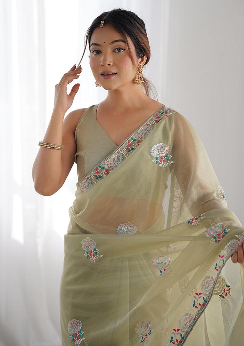 Pista Green Sequin Embroidered Net Saree Set