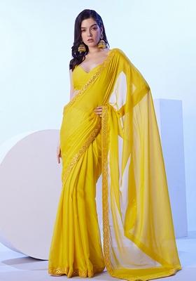 Yellow Lace Work Moss Saree Set