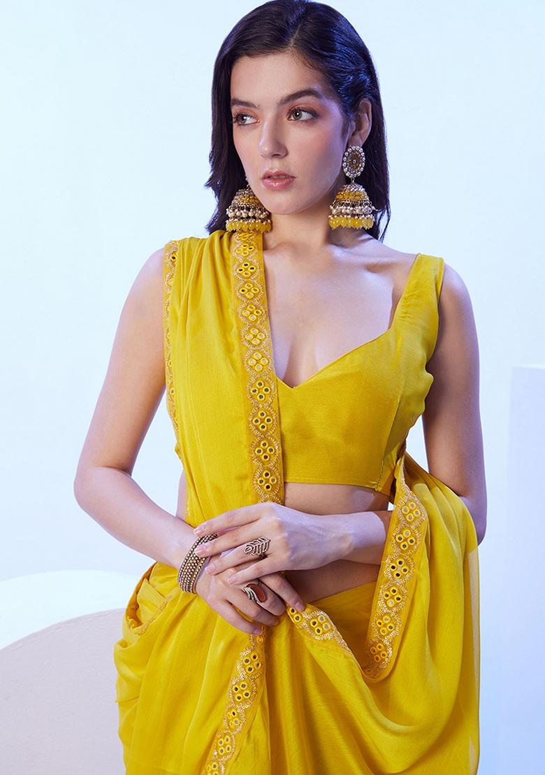 Yellow Lace Work Moss Saree Set