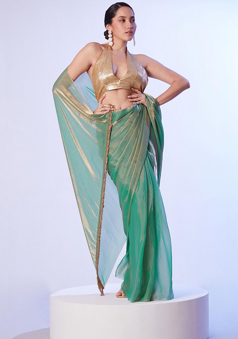 Sea Green Lace Work Satin Saree Set