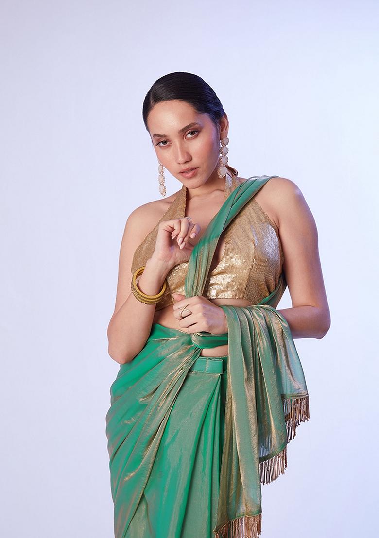 Sea Green Lace Work Satin Saree Set