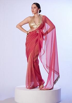Rose Pink Lace Work Satin Saree Set