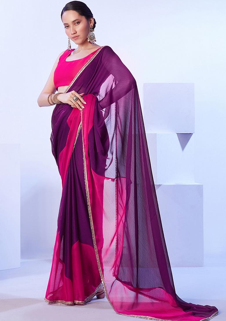 Purple Lace Work Satin Saree Set