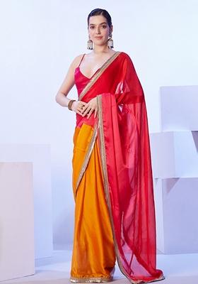 Orange Lace Work Satin Saree Set