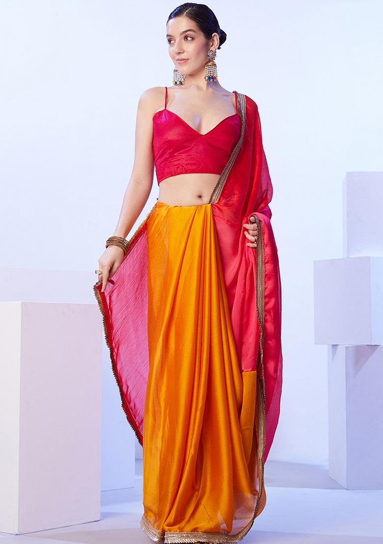 Orange Lace Work Satin Saree Set