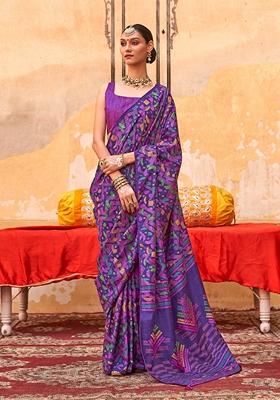 Violet Printed Silk Blend Saree Set