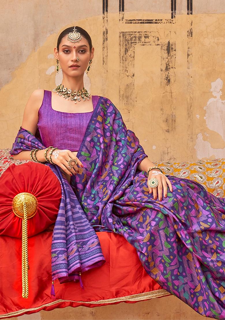 Violet Printed Silk Blend Saree Set