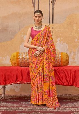 Orange Printed Silk Blend Saree Set