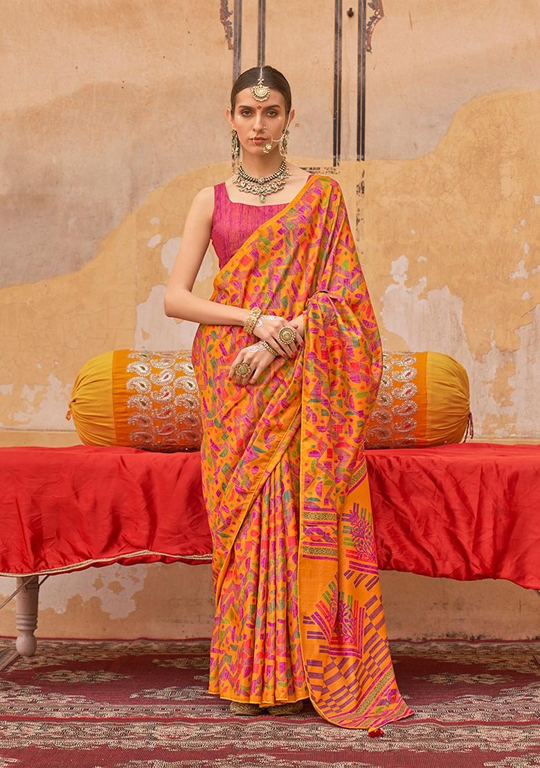 Orange Printed Silk Blend Saree Set
