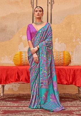 Turquise Blue Printed Silk Blend Saree Set