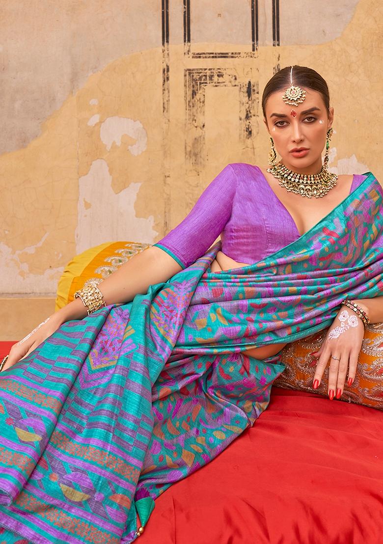 Turquise Blue Printed Silk Blend Saree Set