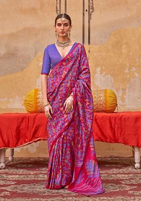 Rani Pink Printed Silk Blend Saree Set