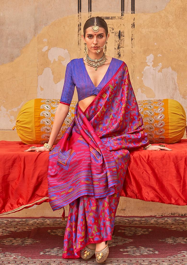 Rani Pink Printed Silk Blend Saree Set