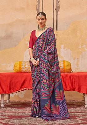 Navy Blue Printed Silk Blend Saree Set