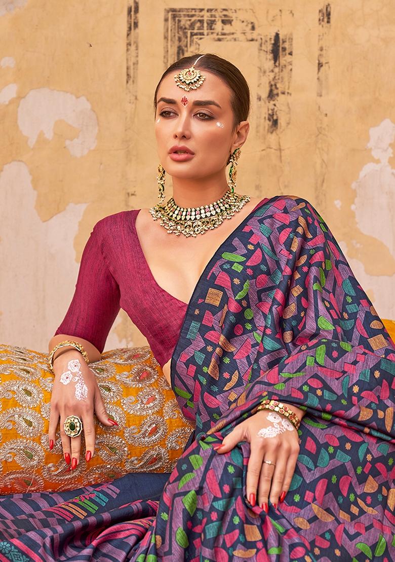 Navy Blue Printed Silk Blend Saree Set