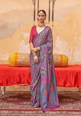 Grey Printed Silk Blend Saree Set