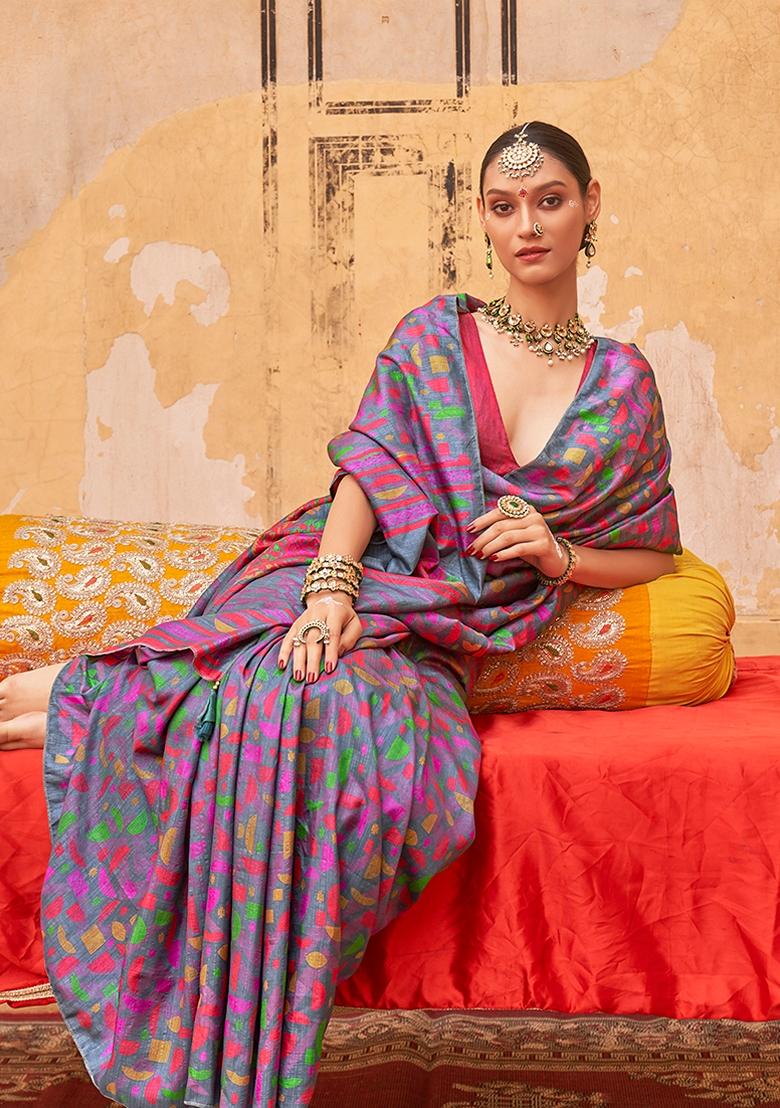 Grey Printed Silk Blend Saree Set