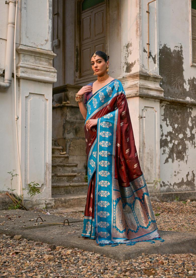 Coffee Brown Zari Work Banarasi Silk Saree Set