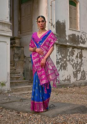 Firozi Pink Zari Work Banarasi Silk Saree Set
