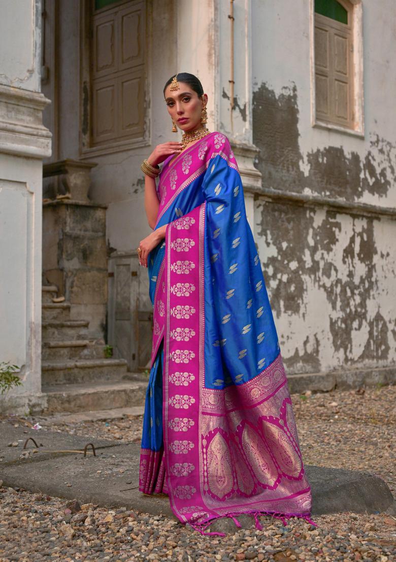 Firozi Pink Zari Work Banarasi Silk Saree Set