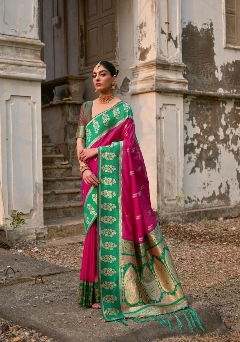 Pink Zari Work Banarasi Silk Saree Set