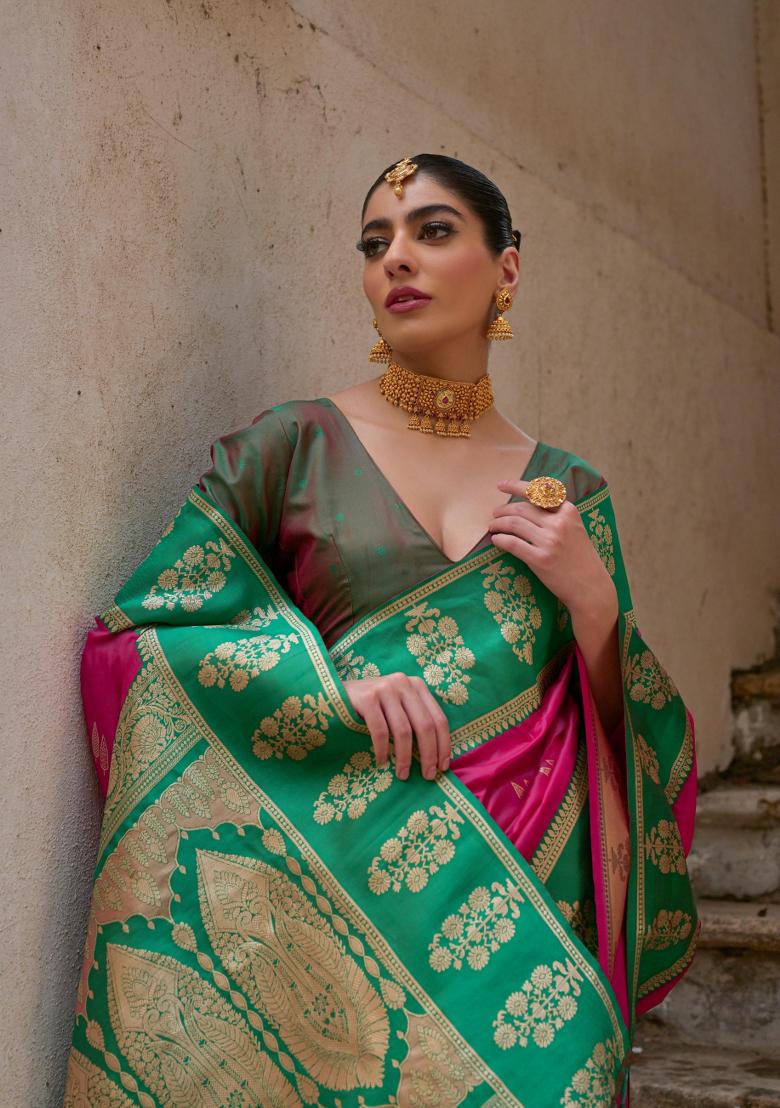 Pink Zari Work Banarasi Silk Saree Set