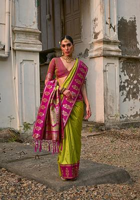 Mehendi Green Zari Work Banarasi Silk Saree Set
