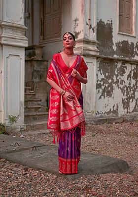 Lavender Zari Work Banarasi Silk Saree Set