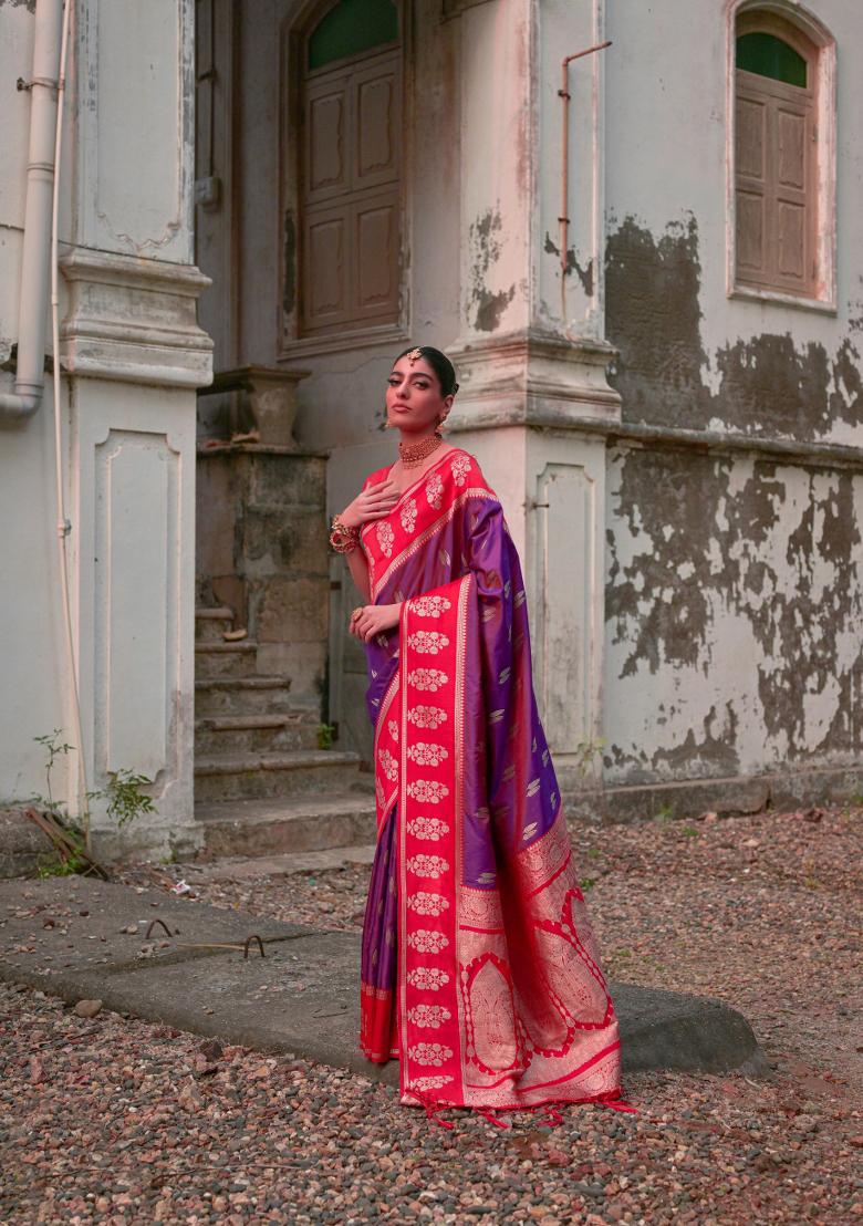 Lavender Zari Work Banarasi Silk Saree Set