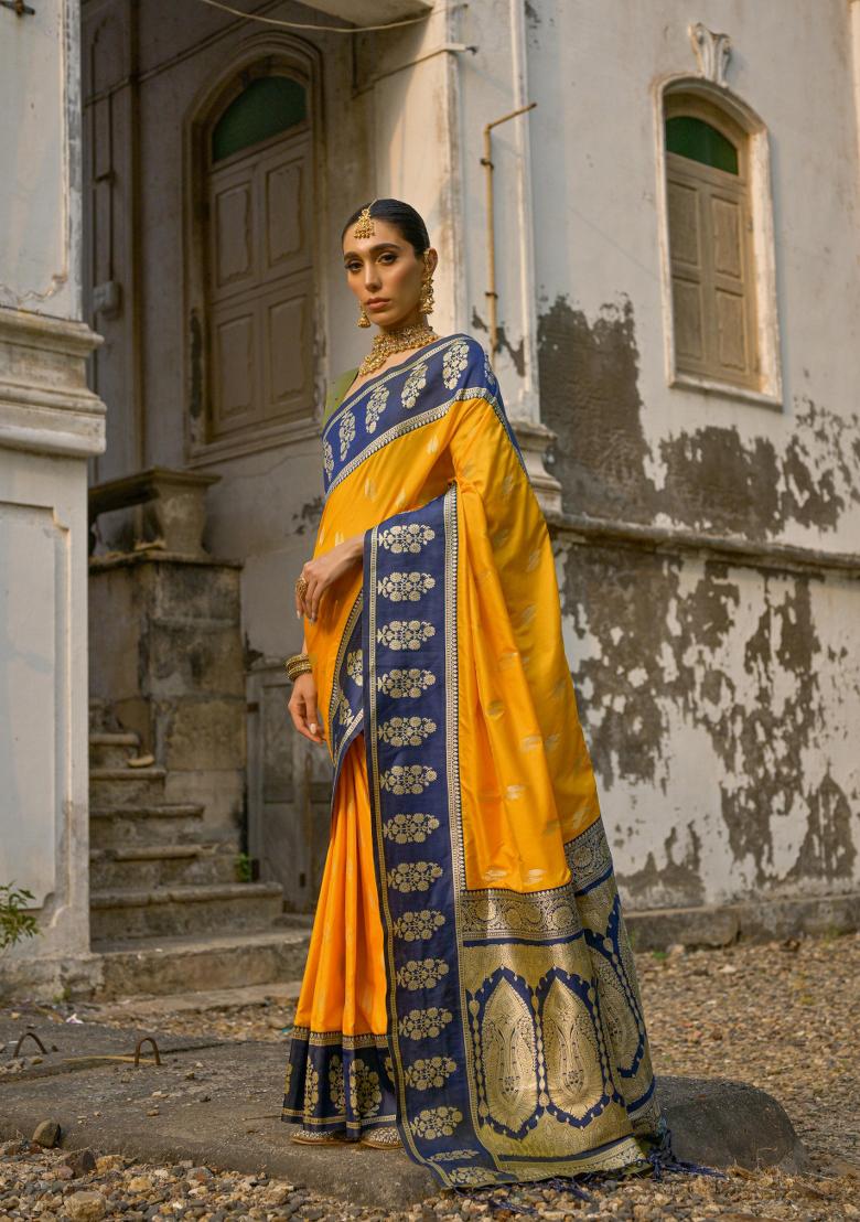Yellow Zari Work Banarasi Silk Saree Set