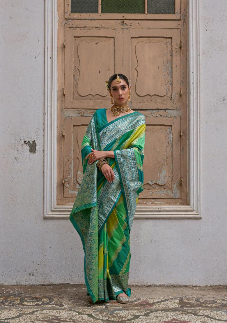 Green Woven Banarasi Silk Saree Set