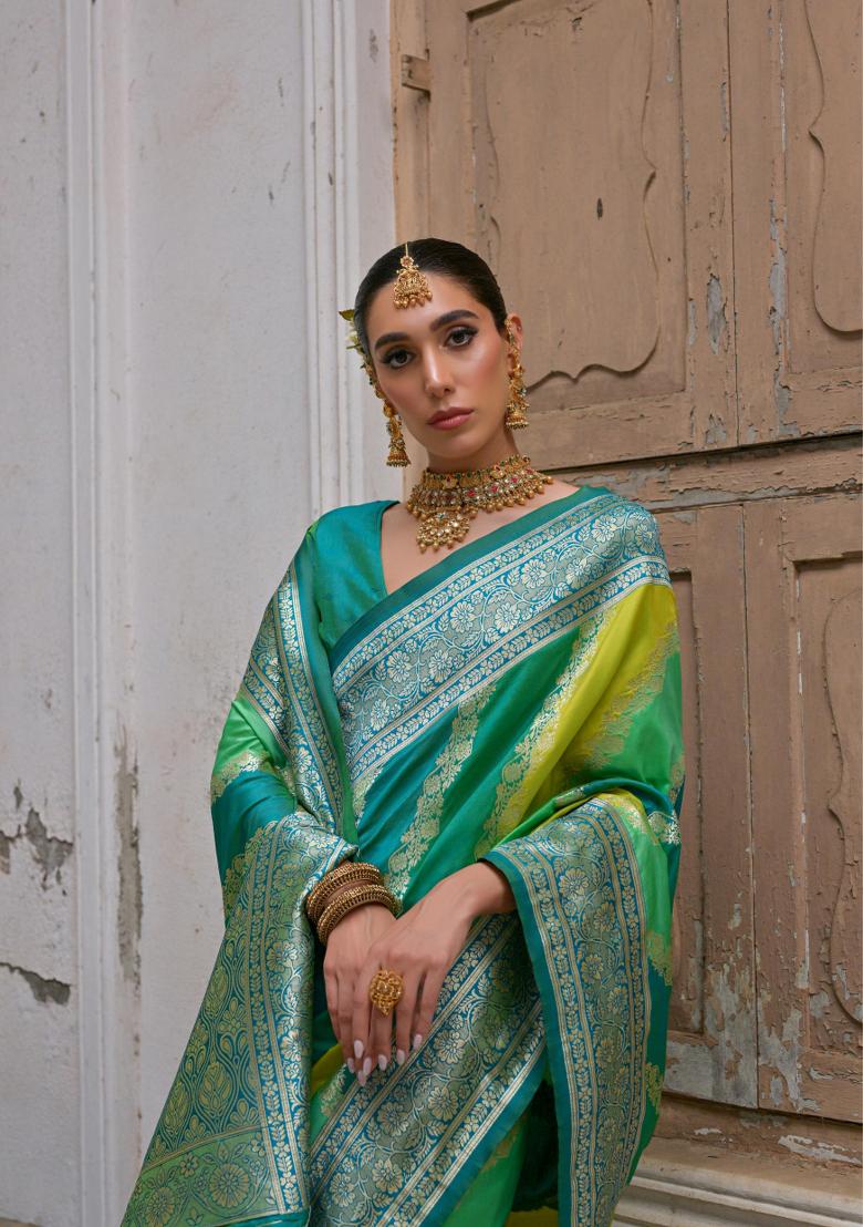 Green Woven Banarasi Silk Saree Set