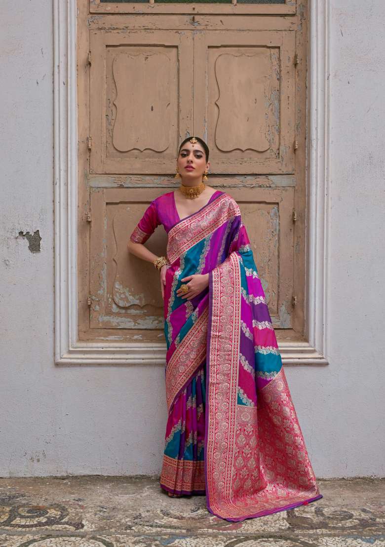 Pink Woven Banarasi Silk Saree Set - Indya