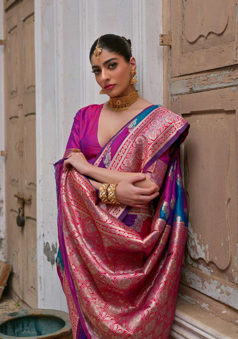 Pink Woven Banarasi Silk Saree Set - Indya