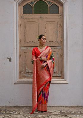 Red Woven Banarasi Silk Saree Set