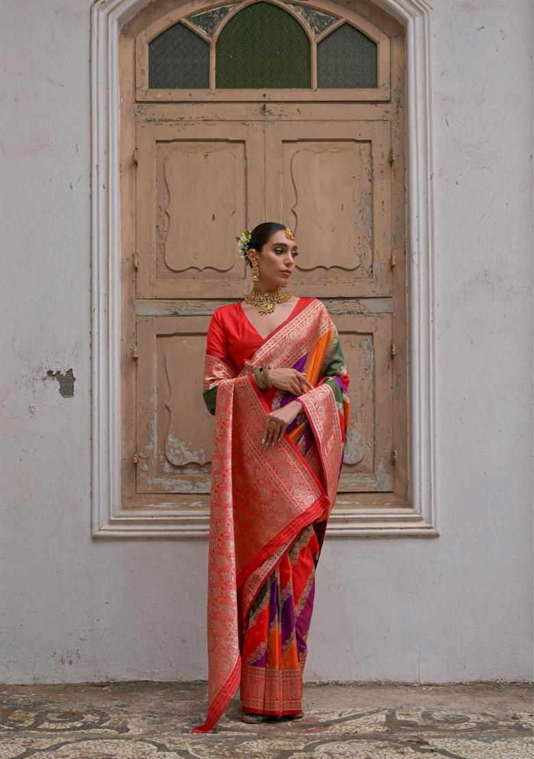 Red Woven Banarasi Silk Saree Set