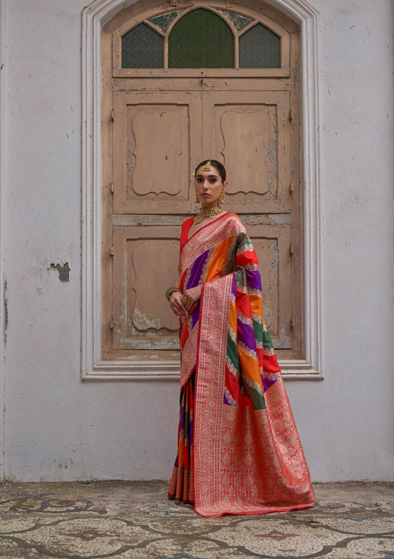 Red Woven Banarasi Silk Saree Set