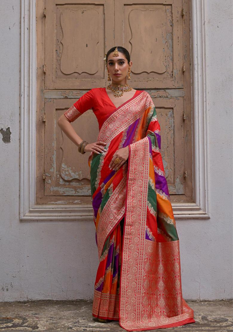 Red Woven Banarasi Silk Saree Set