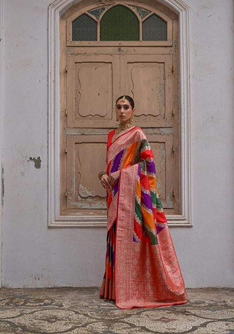 Red Woven Banarasi Silk Saree Set