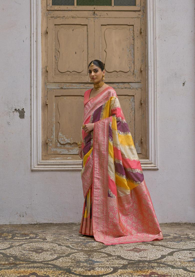 Yellow Woven Banarasi Silk Saree Set