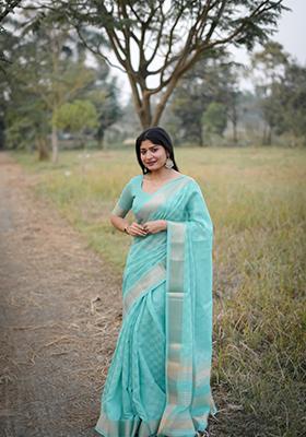 Sea Green Zari Work Silk Saree Set
