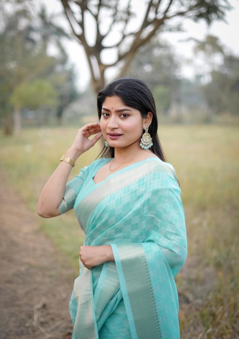 Sea Green Zari Work Silk Saree Set