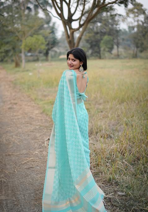 Sea Green Zari Work Silk Saree Set
