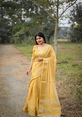 Mustard Yellow Zari Work Silk Saree Set