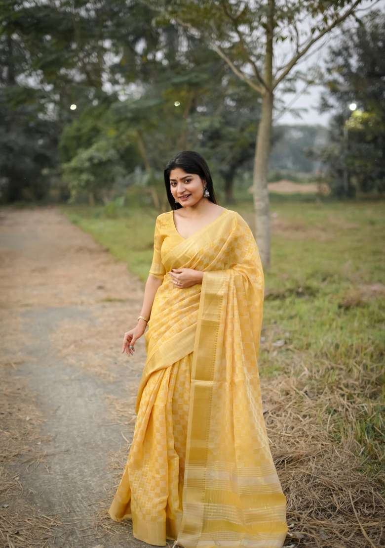 Mustard Yellow Zari Work Silk Saree Set - Indya