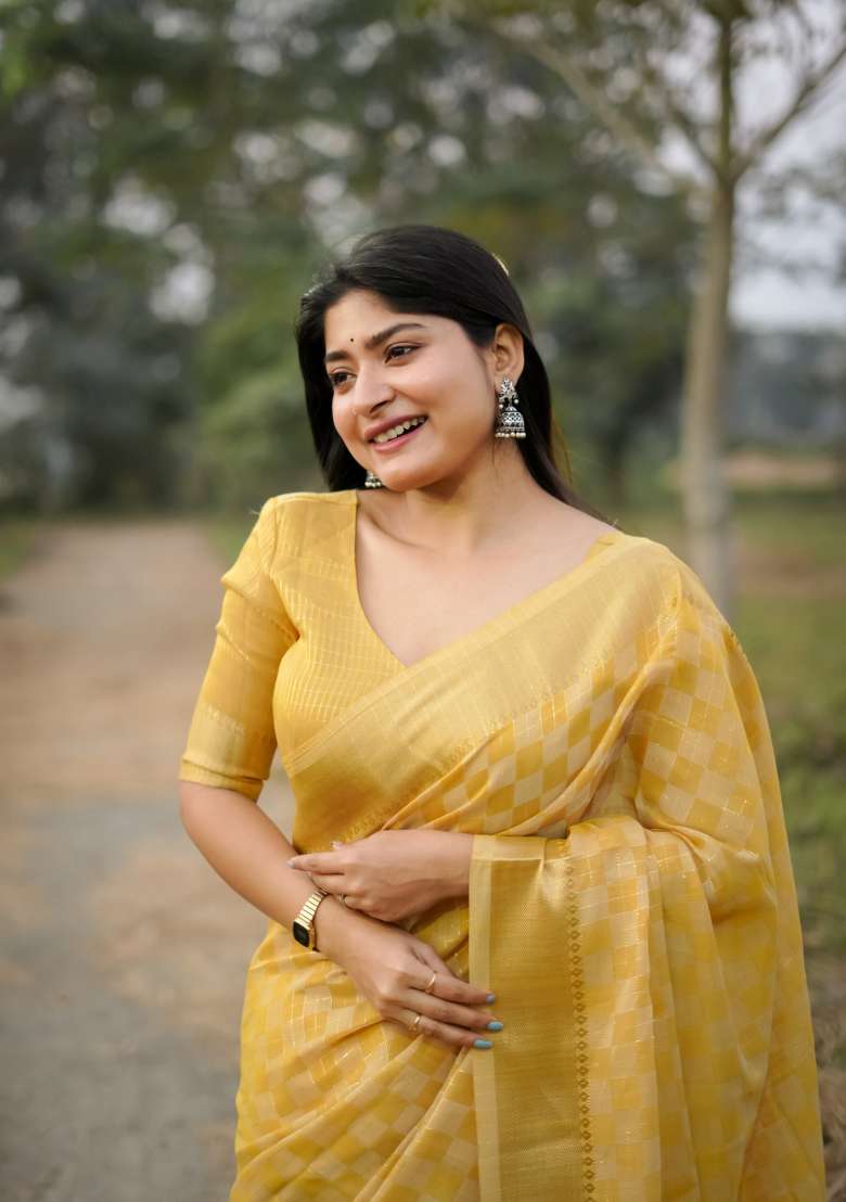 Mustard Yellow Zari Work Silk Saree Set - Indya