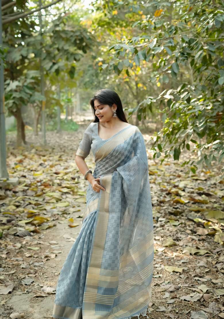 Grey Zari Work Silk Saree Set - Indya