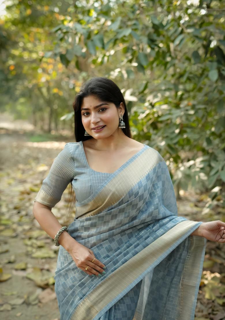 Grey Zari Work Silk Saree Set