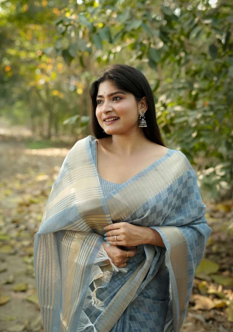 Grey Zari Work Silk Saree Set - Indya