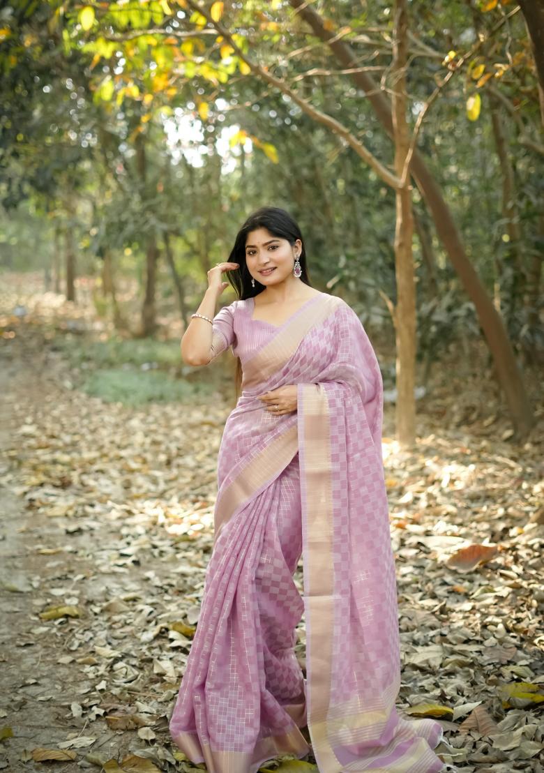 Purple Zari Work Silk Saree Set